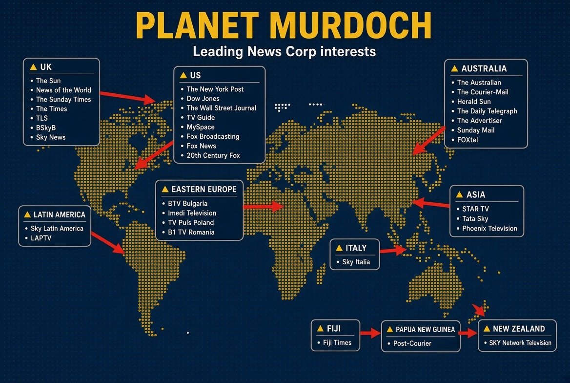 Mapa dos principais veículos de mídia controlados pela News Corp ao redor do mundo