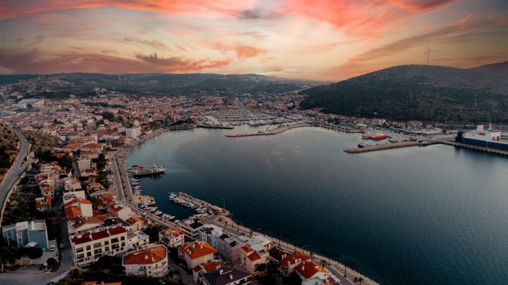 aerial view of izmir cesme the historical cesme castle and marina the world famous district of turkey in tourism